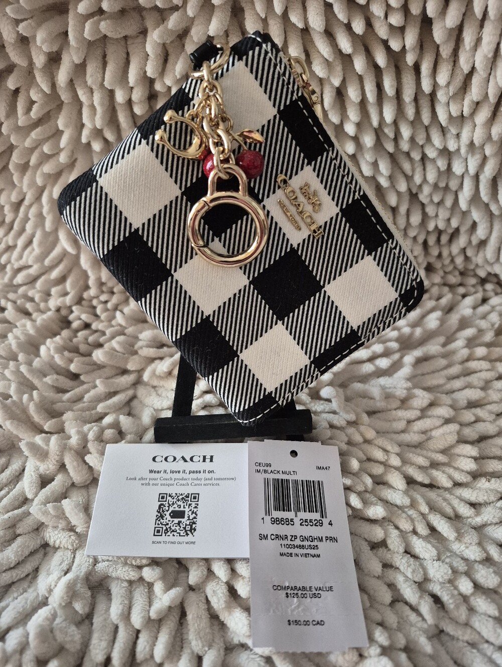 Coach NWT Small Corner Zip Wallet With Gingham Print And Charms